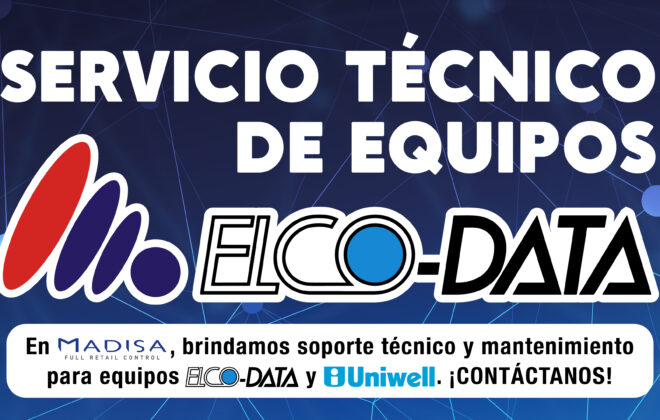 Imagen en la que aparece el texto "Servicio técnico de equipos" seguido de el lodo de la empresa Elco Data en grande ocupando casi toda la imagen. En la parte inferior aparece el texto "En Madisa, brindamos soporte técnico y mantenimiento para equipos Elco Data y Uniwell. ¡Contáctanos!